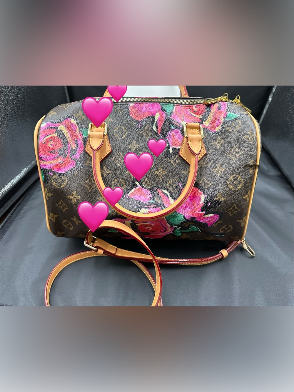 FASHION Brown Monogram Floral Satchel with Pink Accents. Large speedy